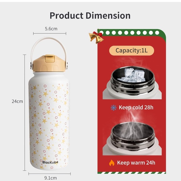 Blackube 32oz Insulated Water Bottle with Straw Lid, Stainless Steel Water Bottl - Picture 3 of 8